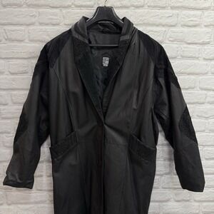 Vtg 80s 90s Long Black Leather Trench Coat Woman Jacket M Paisley Goth Greg Bell